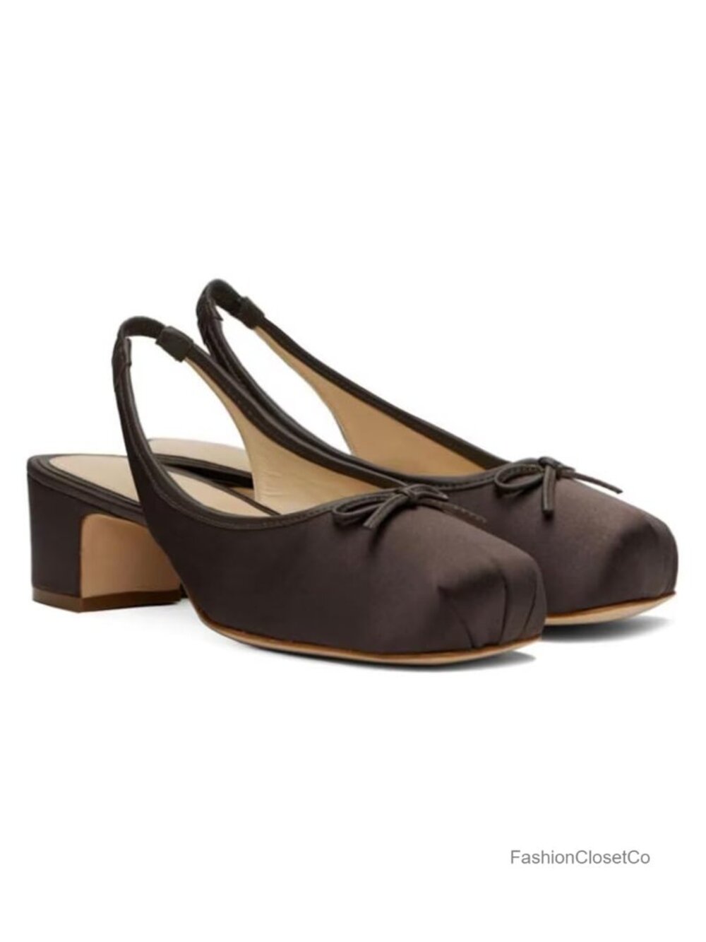 Women's Ruched Satin Slingback Ballet Heels Square Toe Mary Jane Pumps with Bow